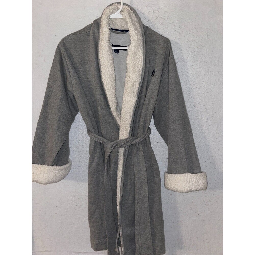 TOMMY HILFIGER Women’s Gray White BATHROBE Sz S M Sherpa lined Cozy Soft Knit